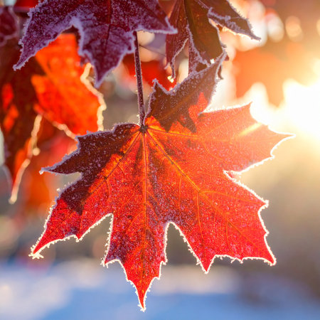 Autumn maple leaves covered with hoarfrost and sun rays.の素材