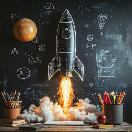 Rocket flying over school supplies on blackboard background. Back to school conceptの素材