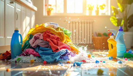 Laundry concept. Colorful towels and detergents on the floor.の素材