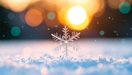 Snowflake on snow and bokeh background. Christmas and New Year concept.の素材