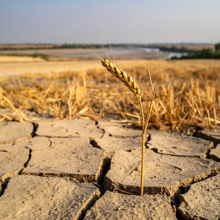 Wheat growing on dry cracked earth. Concept of climate change.の素材
