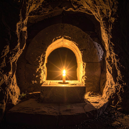 Light in a cave with a candle in the shape of a crossの素材