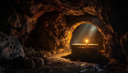 Interior of a cave with a light at the end of the tunnelの素材