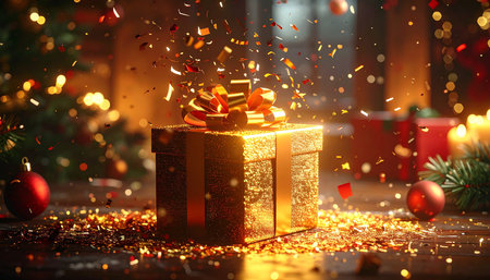 Gift box with falling confetti on wooden table, closeupの素材