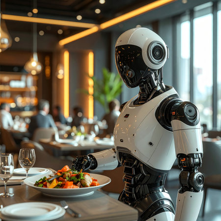 3d rendering humanoid robot serving vegetable salad in restaurant or cafe.の素材
