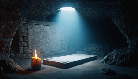 Ancient underground cave with a candle in the dark. 3d renderingの素材