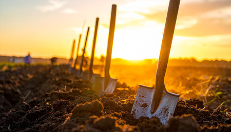 Shovels in the field at sunset. Gardening conceptの素材