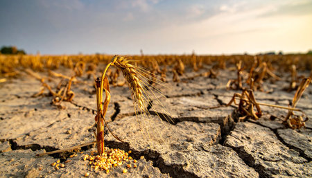 Dry cracked earth with wheat field, drought and global warming conceptの素材