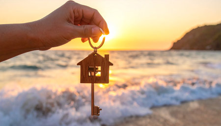 A woman's hand holds a key with a wooden house on the background of the sea. The concept of buying a house.の素材