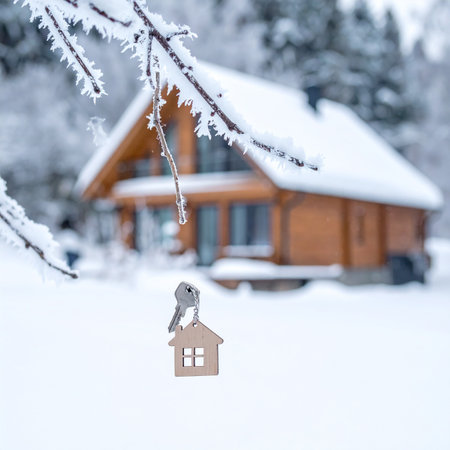Wooden house with a key in the snow. Winter landscape.の素材