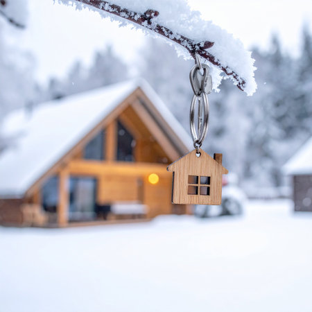 Wooden house keychain in the shape of a house on the background of the winter forestの素材