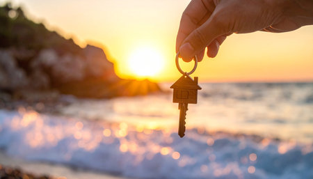 Hand holding key with house shaped keychain over sea and sunset backgroundの素材