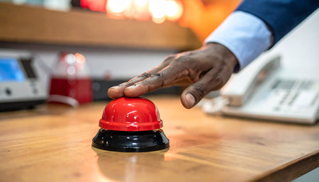 Close up of a man using a red emergency bell in a cafeの素材