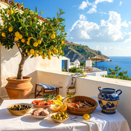 Lemon and olives on terrace with sea view, Santorini island, Greeceの素材