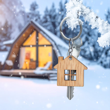 Key in the shape of a house with a keychain on the background of a wooden cottage in the winter forest.の素材