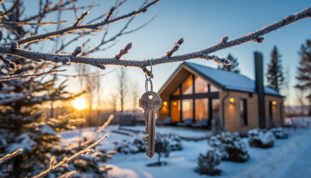 Keychain with keys on the background of a wooden house in winterの素材