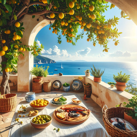 Luxury breakfast on the terrace with sea view, Greeceの素材