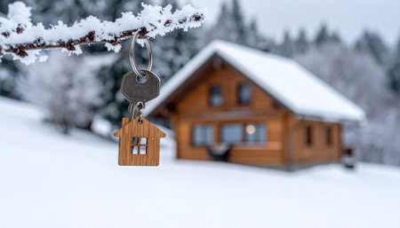 Keychain with house on the background of a wooden house in the winter forestの素材