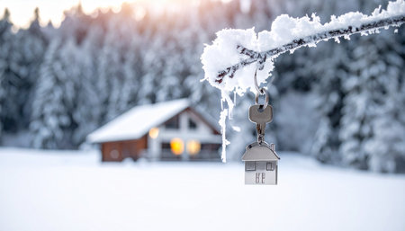 Keychain with a house in the winter forest. Winter background.の素材