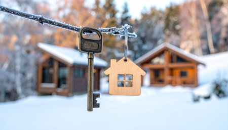 Key with wooden house on the background of a wooden house in winterの素材