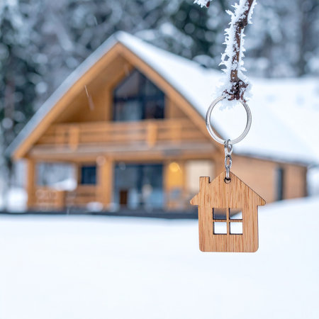 Wooden keychain in the form of a house on the background of a wooden house in the winter forestの素材