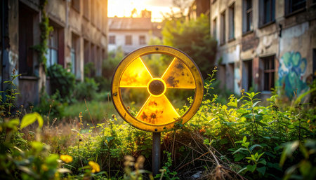 Radioactive warning sign in front of an abandoned building in the cityの素材