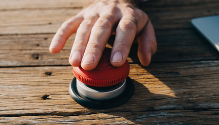 Close-up of a man's hand pushing a button on a buttonの素材