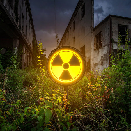 Radioactive warning sign in front of an abandoned building at night.の素材