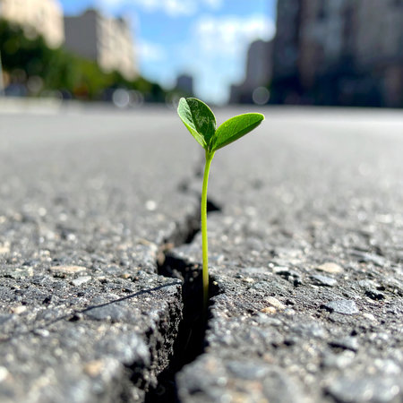 Green seedling growing from crack in asphalt road with city background.の素材
