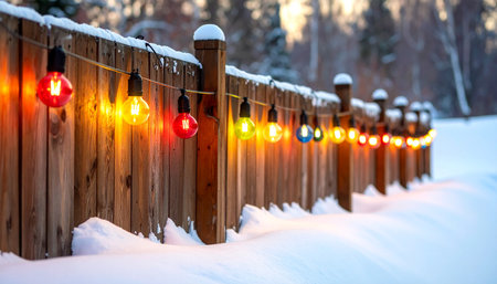 Colorful Christmas lights on a wooden fence in the winter forest.の素材