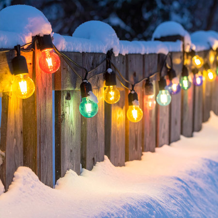 Christmas lights on a wooden fence covered with snow in the winter forestの素材