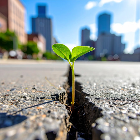 Green sprout growing from crack in asphalt road with cityscape backgroundの素材