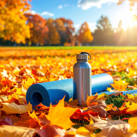 Sports mat and bottle of water on autumn leaves background. Fitness and healthy lifestyle conceptの素材