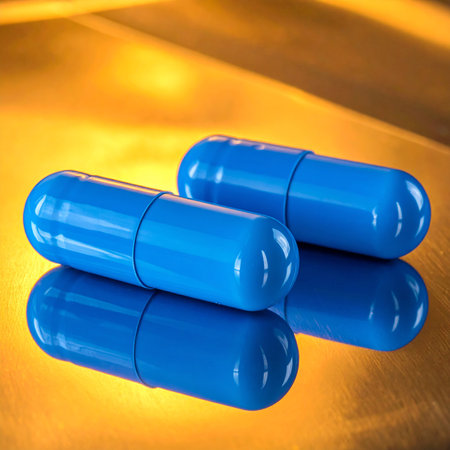 Two blue pills on golden background. Focus on foreground, shallow DOF.の素材