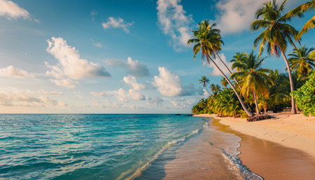Tropical beach with palm trees at sunset, Seychellesの素材