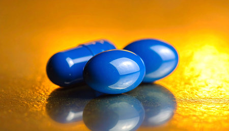 Blue pills on golden background. Focus on foreground, shallow DOF.の素材
