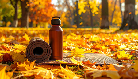Sports bottle and yoga mat in autumn park. Fitness and healthy lifestyle concept.の素材
