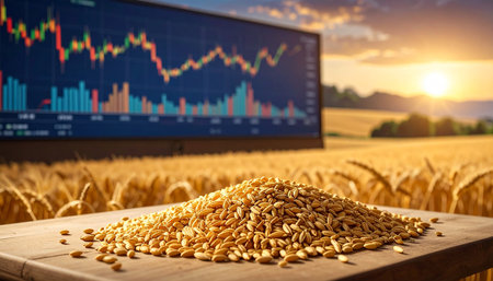 Wheat grains on the background of the monitor of the stock exchangeの素材
