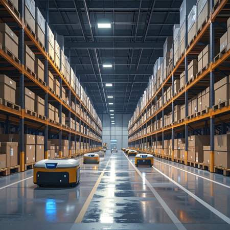 Warehouse interior with rows of shelves and rows of boxes. 3d renderingの素材