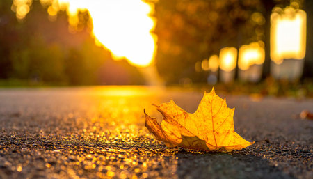 Yellow maple leaf on asphalt road at sunset. Autumn season concept.の素材