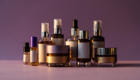 Group of cosmetic bottles on purple background. Skincare product.の素材