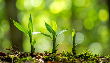 Young shoots of corn in the forest on green bokeh backgroundの素材