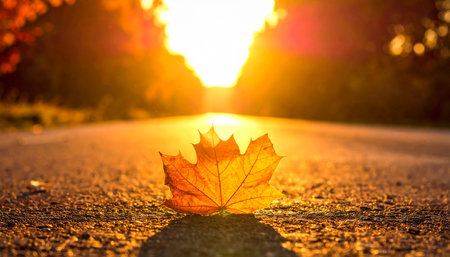 Autumn maple leaf on asphalt road at sunset. Beautiful nature backgroundの素材