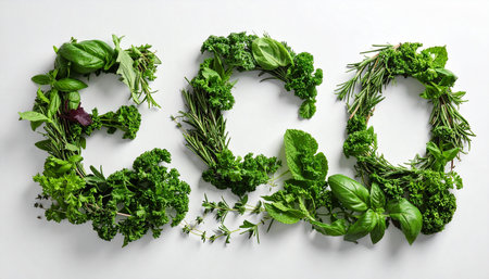 Fresh herbs and spices on white background, top view. Healthy foodの素材