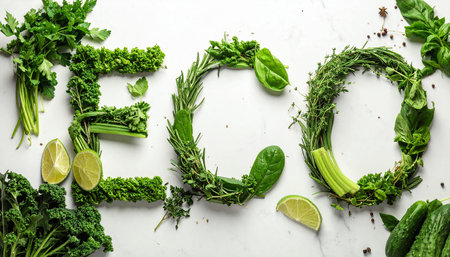 Word ECO made of fresh herbs and spices on white background, flat layの素材