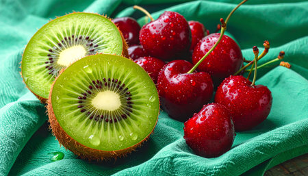 Kiwi and cherry on a green napkin close-upの素材