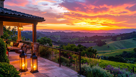 Sunset in Tuscany, Italy. View from terraceの素材
