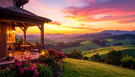 Beautiful sunset in Tuscany, Italy. View from terraceの素材