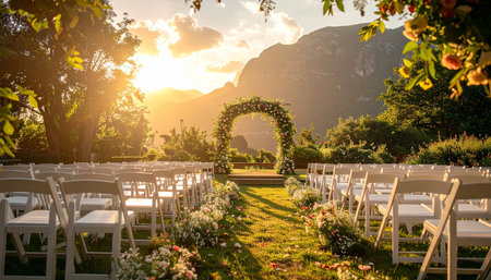 Wedding arch and chairs for the newlyweds at sunsetの素材