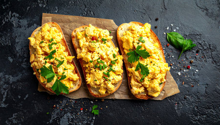 Scrambled eggs on toasted baguette with parsleyの素材